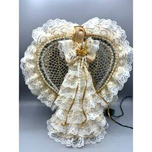 Vtg Corn Silk Lighted Lace Angel Tree Topper With Gold Accents & Rose Bouquet